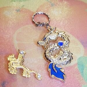 Gold Tone Dragons Bundle: Large Keychain Dragon And Smaller Pendant/Brooch